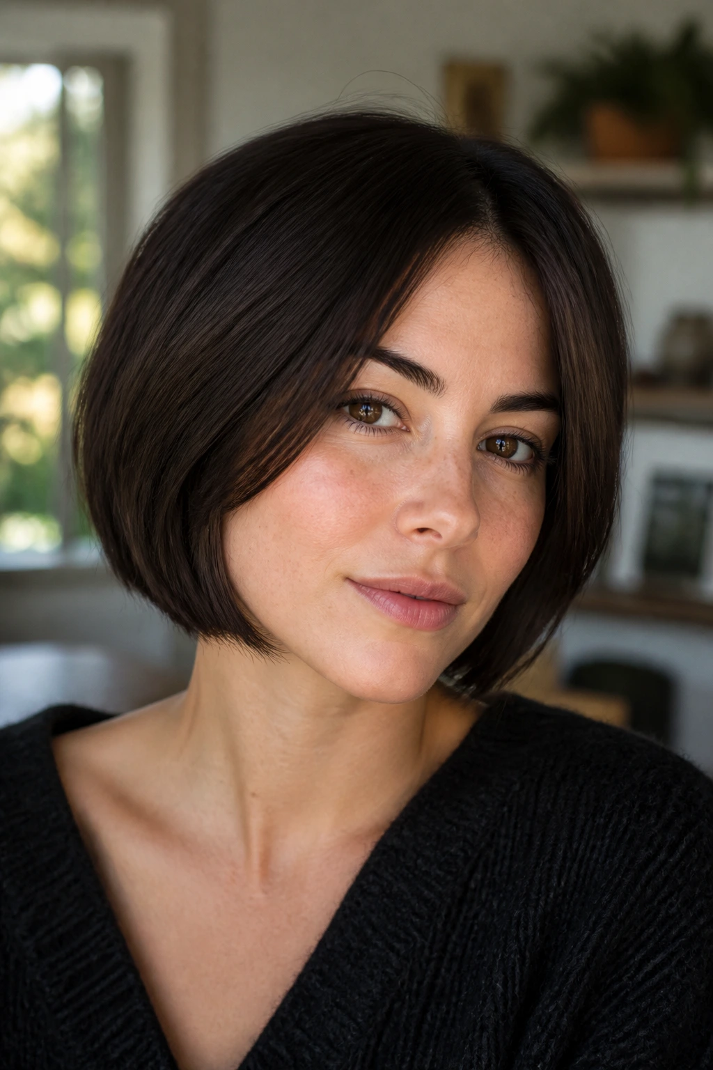 Close-up of a woman with jaw-length bob and micro-layers in deep brunette.