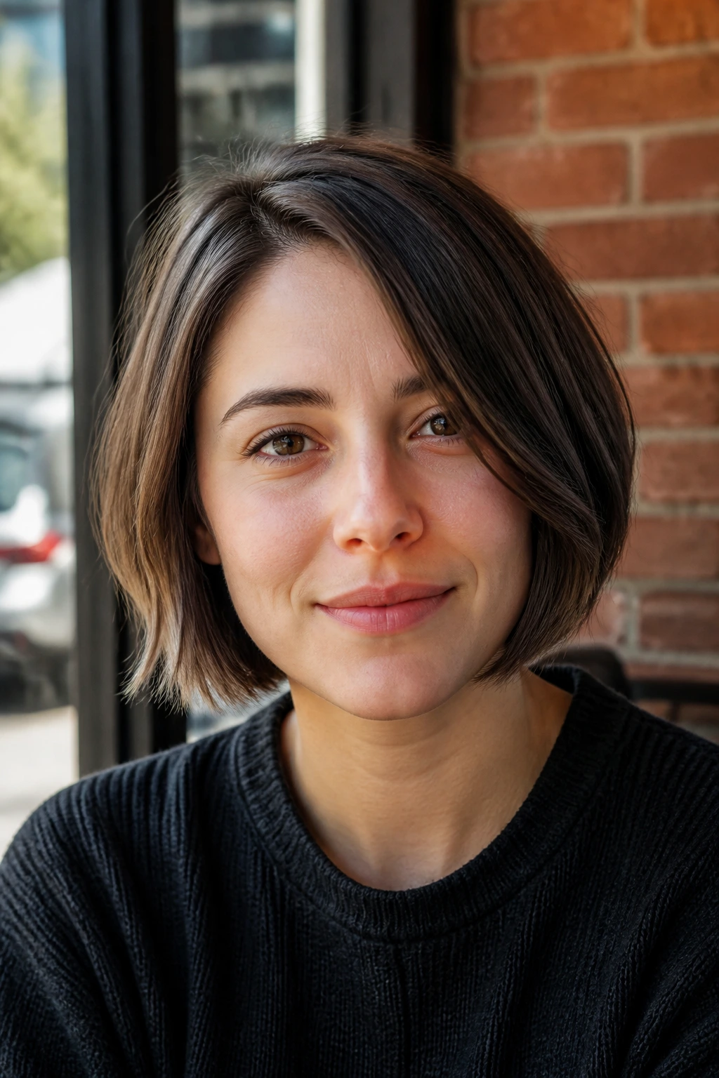 Portrait of a woman with jaw-length bob and off-center part