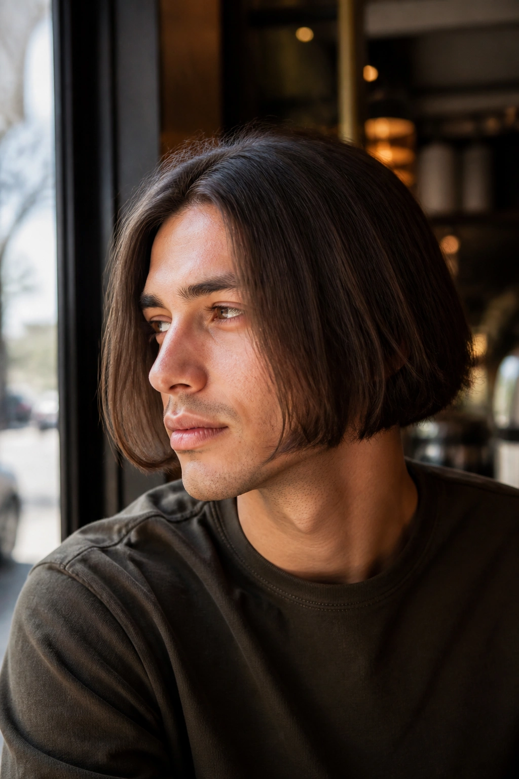 Close-up portrait of a man with a jaw-length bob hitting the jawline in natural cafe light