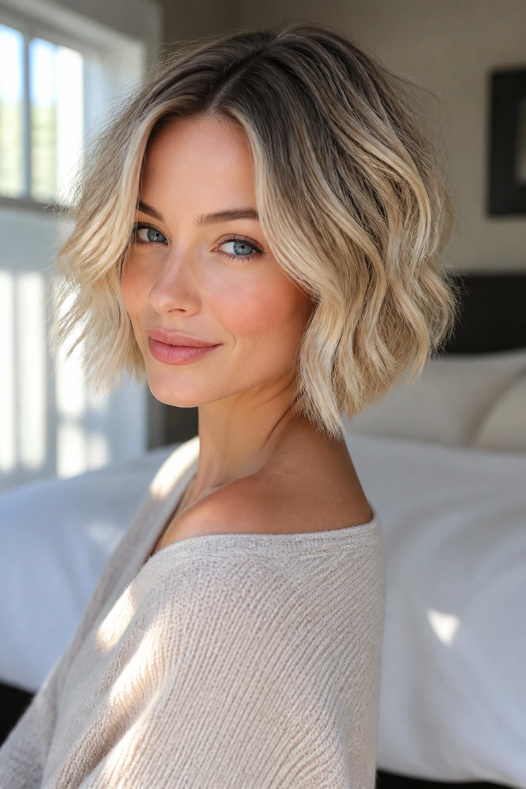 Close-up of jaw-length bob with soft shadow root on a real woman