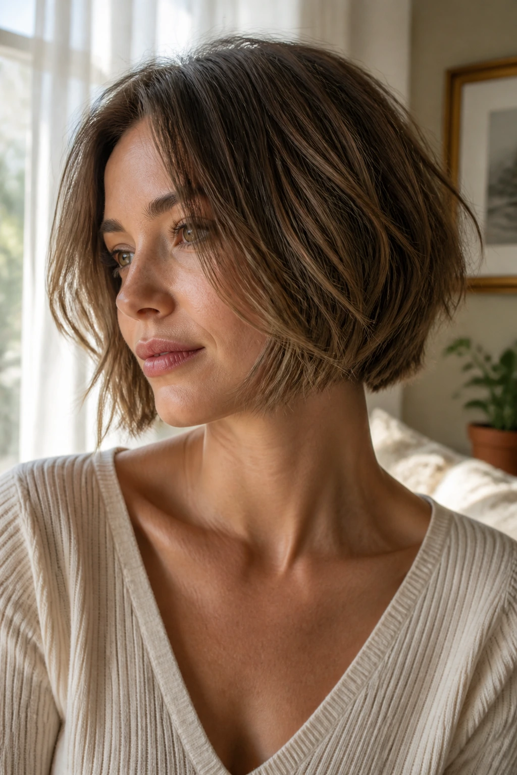 Close-up of a real woman with a jaw-length shattered bob featuring a sharp edge and textured interior.