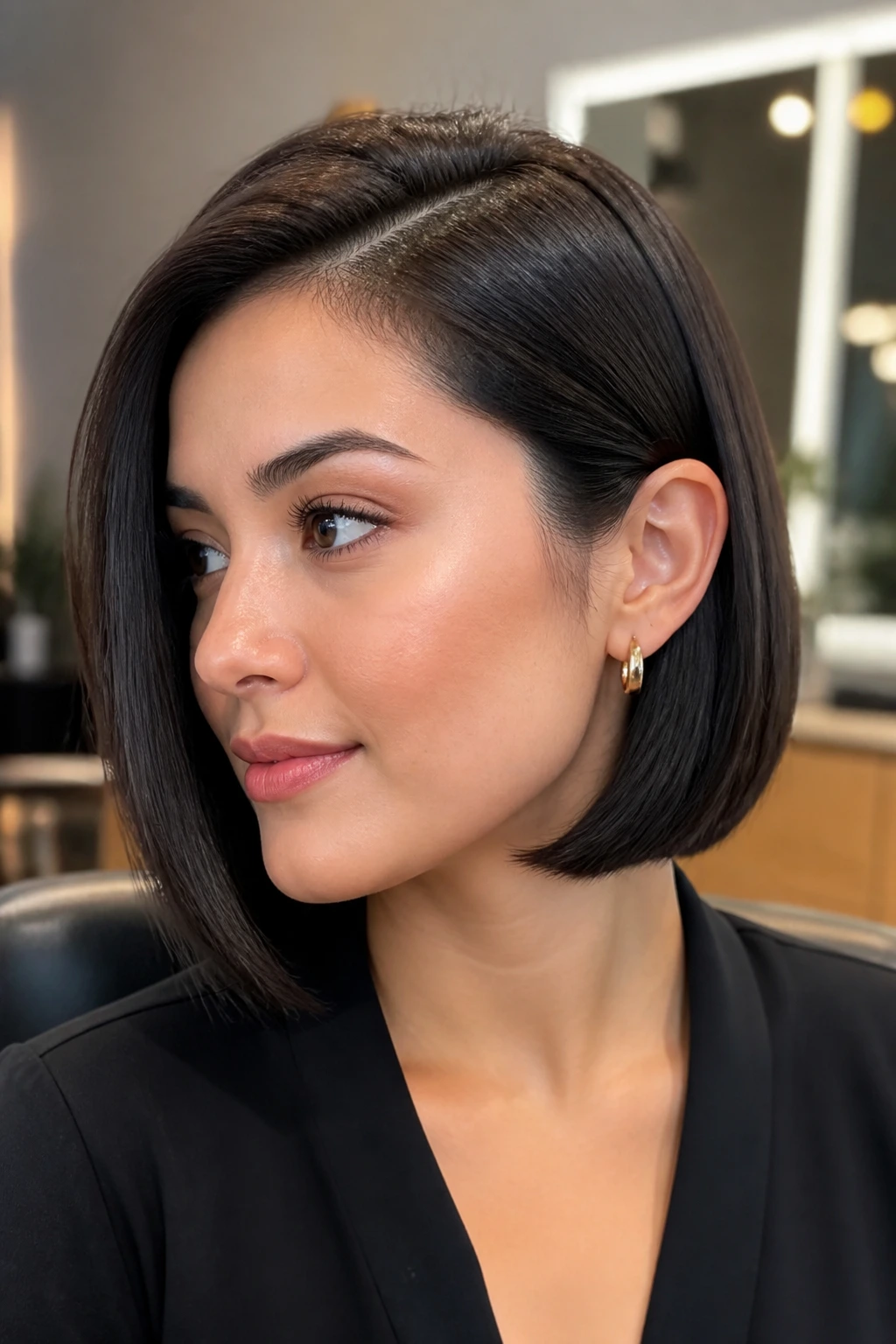Real woman in jaw-clearing bob with side part showing defined jawline.
