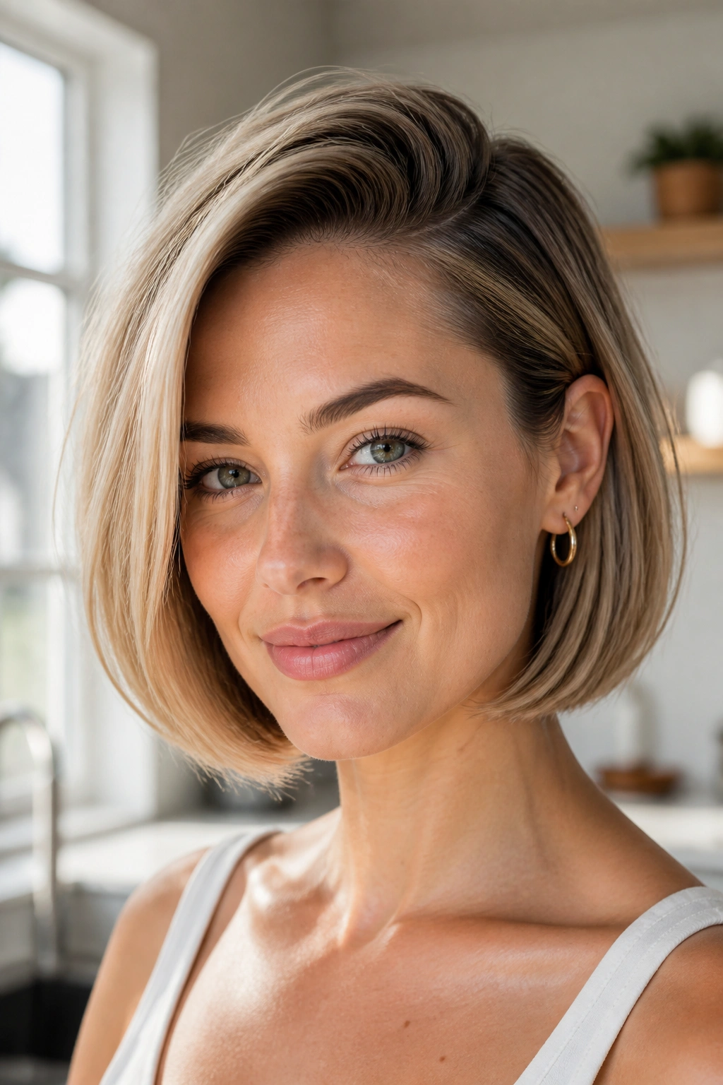 Close-up portrait of a real woman with a jaw-length bob and deep side part in bright light