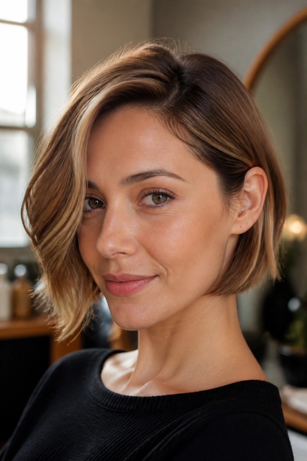 Portrait of a woman with a jaw-length side-part bob and tucked wave