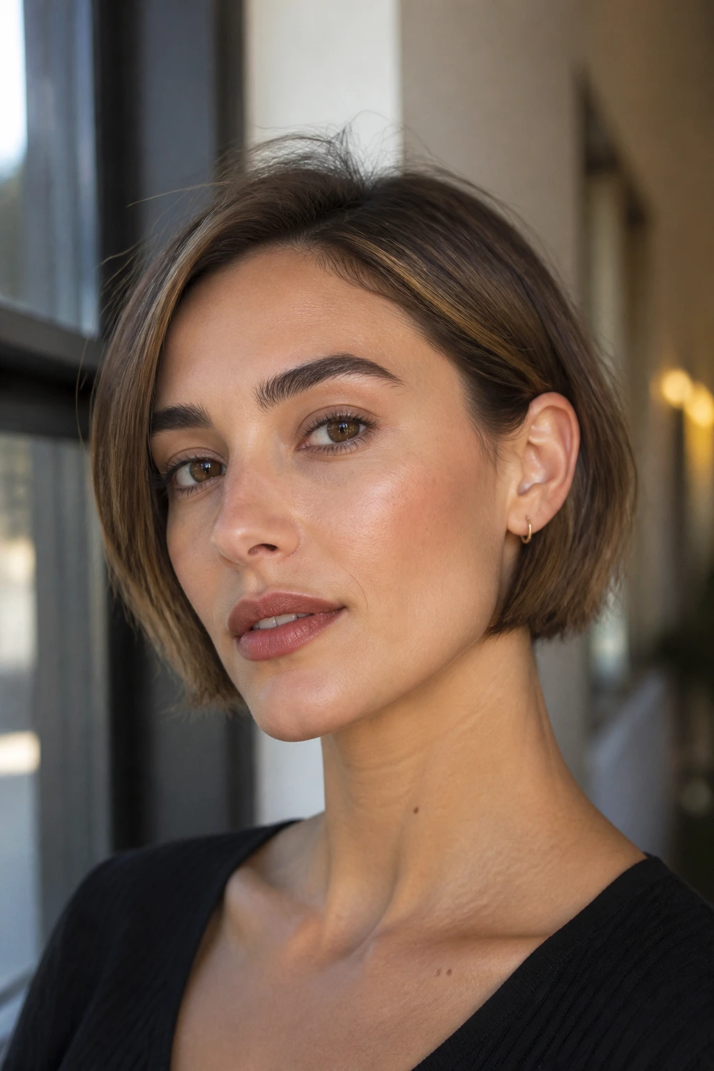 Close-up of a real woman with a jaw-length bob and tucked sides