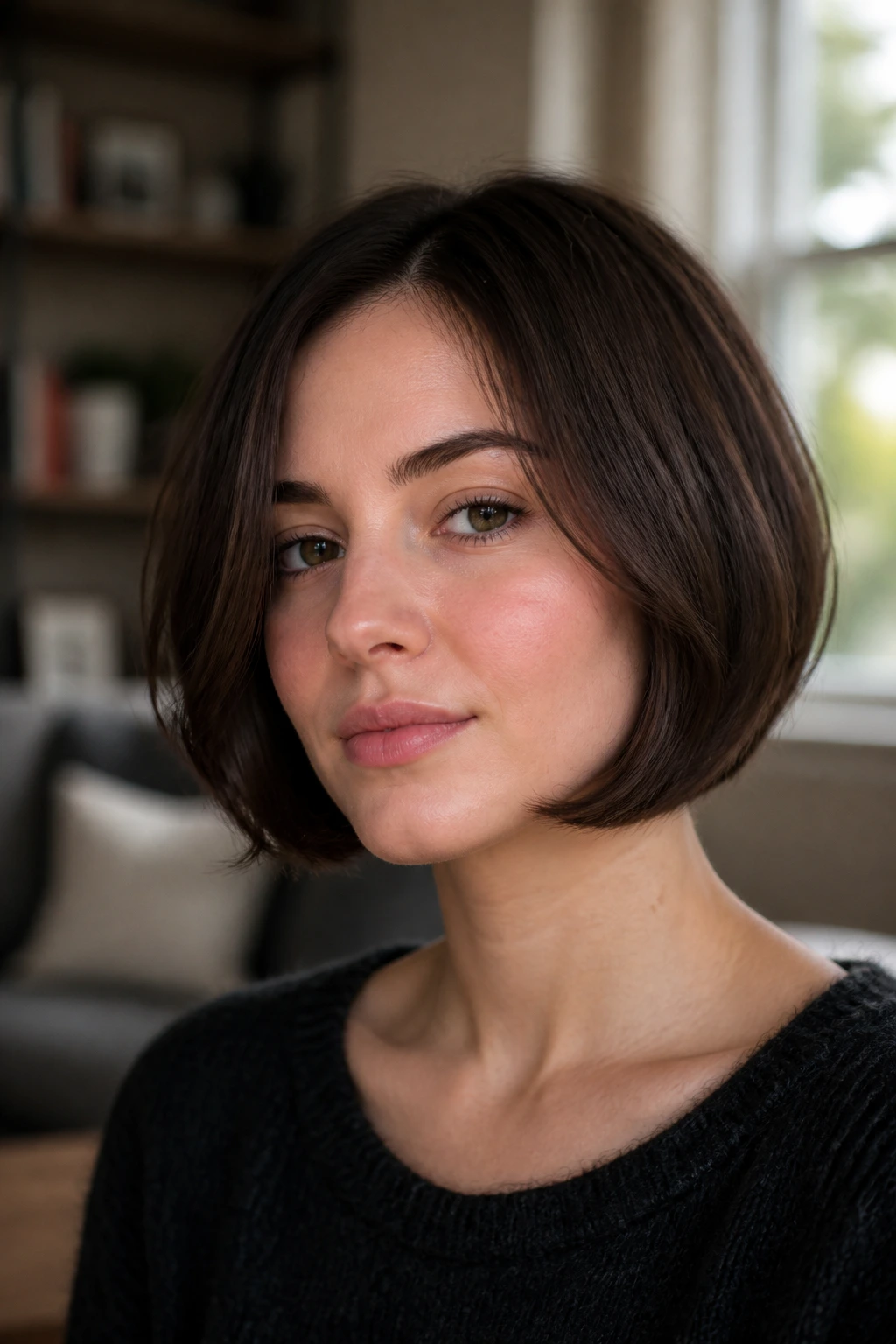 Real woman with jaw-length bob and soft underturn in cozy living room.