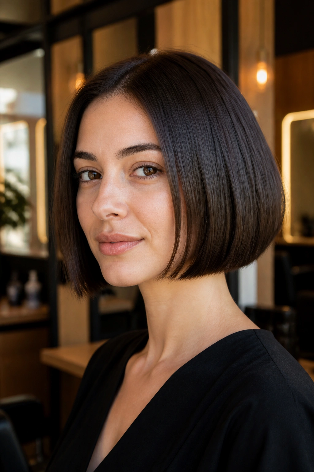 Close-up of a real woman with jaw-length box bob in a stylish salon