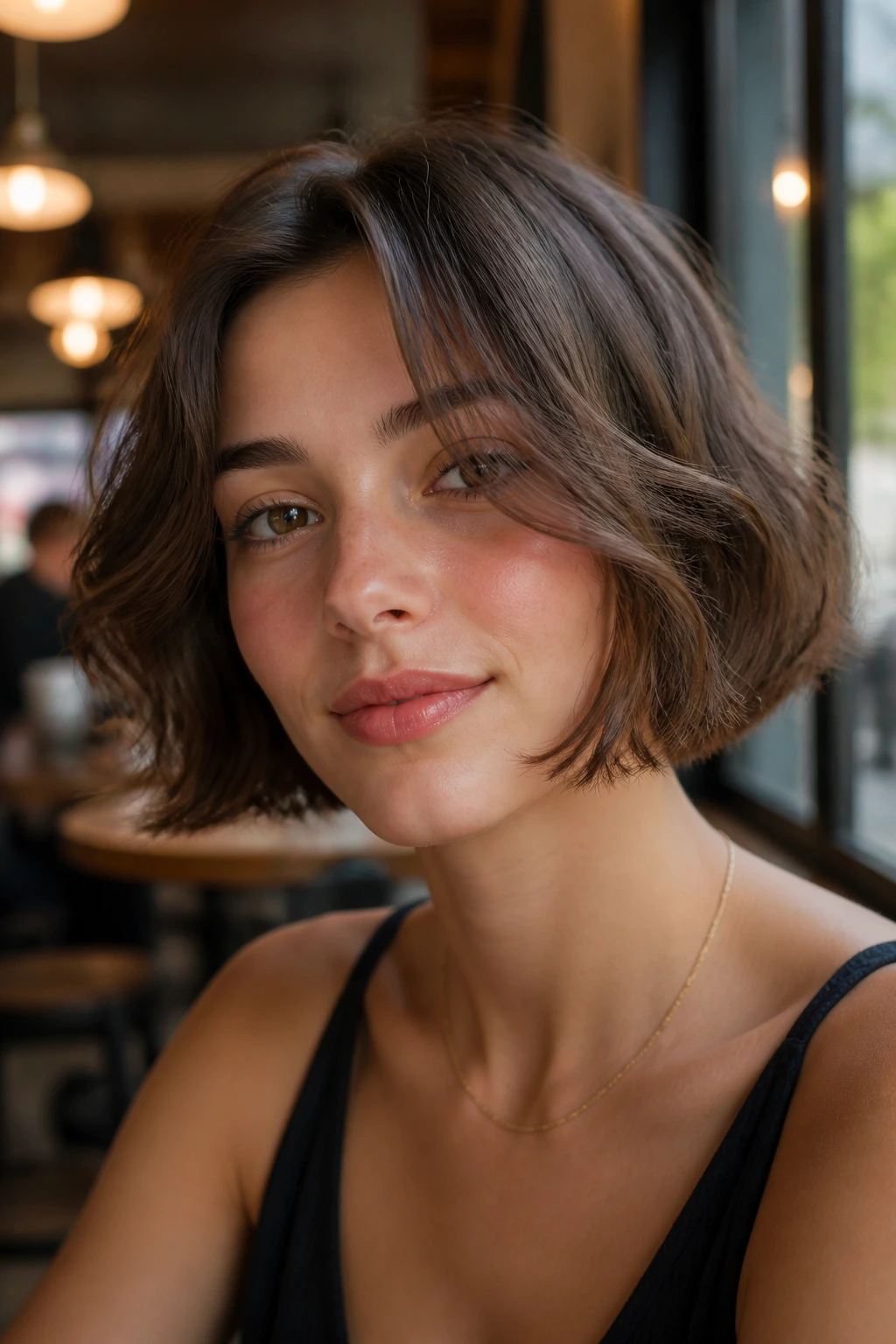 Close-up of a real woman wearing a jaw-length box bob with internal layers and subtle movement.