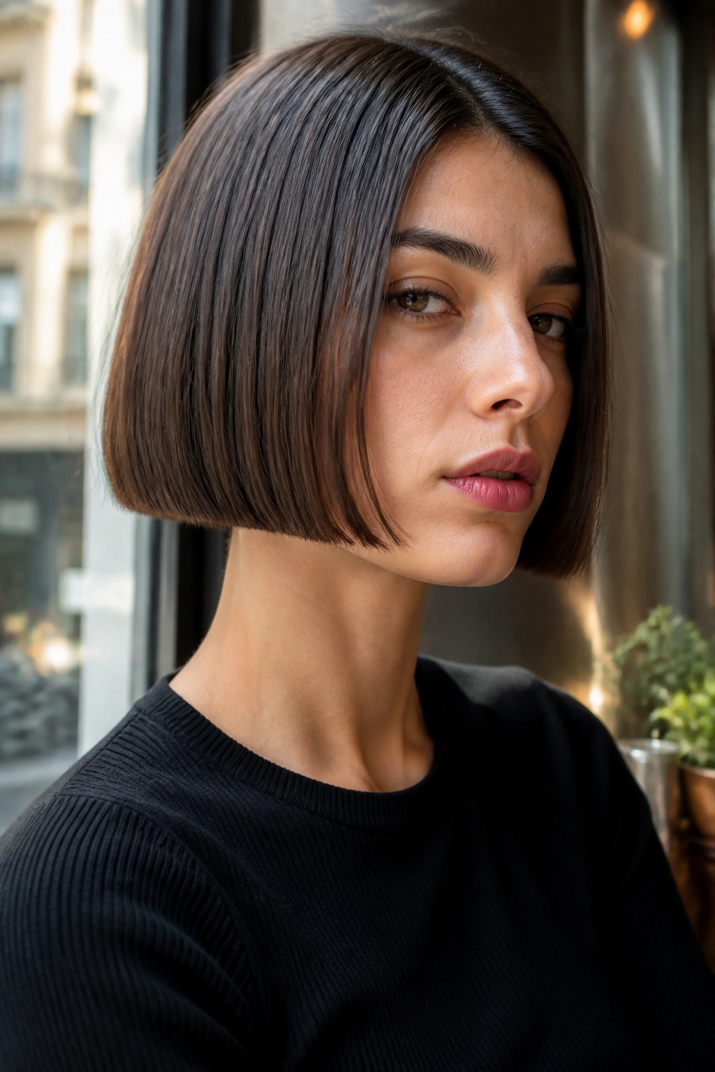 Close-up portrait of real person with jaw-length box bob showing crisp blunt edge