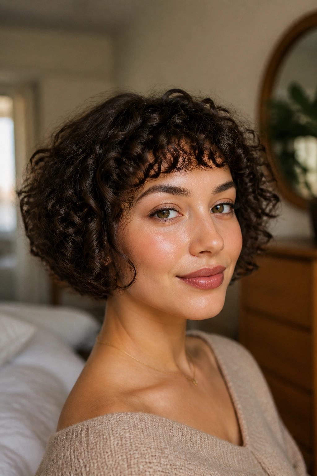 Close-up of a real woman with a jaw-length crop and baby bangs showing curly texture