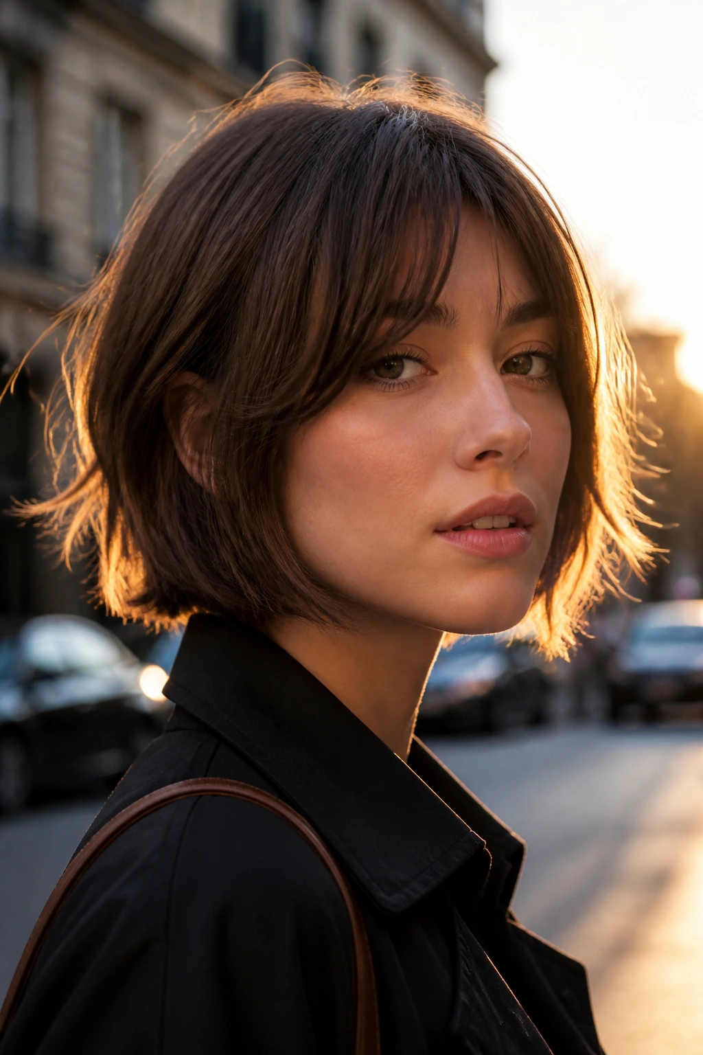 Real person with jaw-length crop and feathered tips in golden hour street