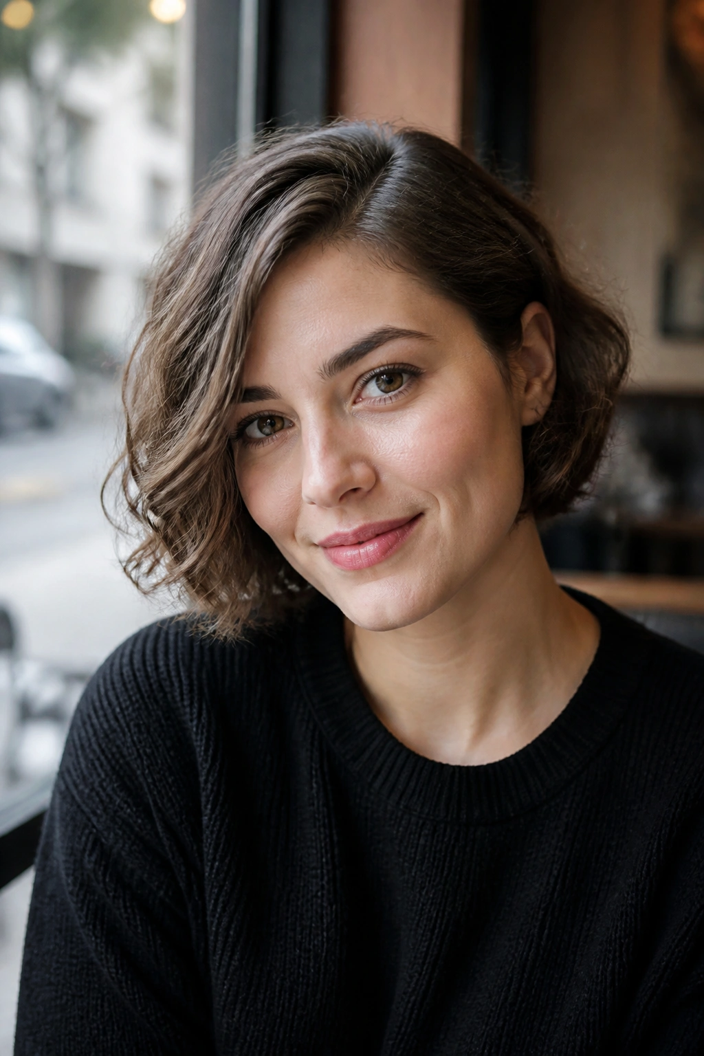 Portrait of a woman with a jaw-length crop and side part, waves framing the jaw