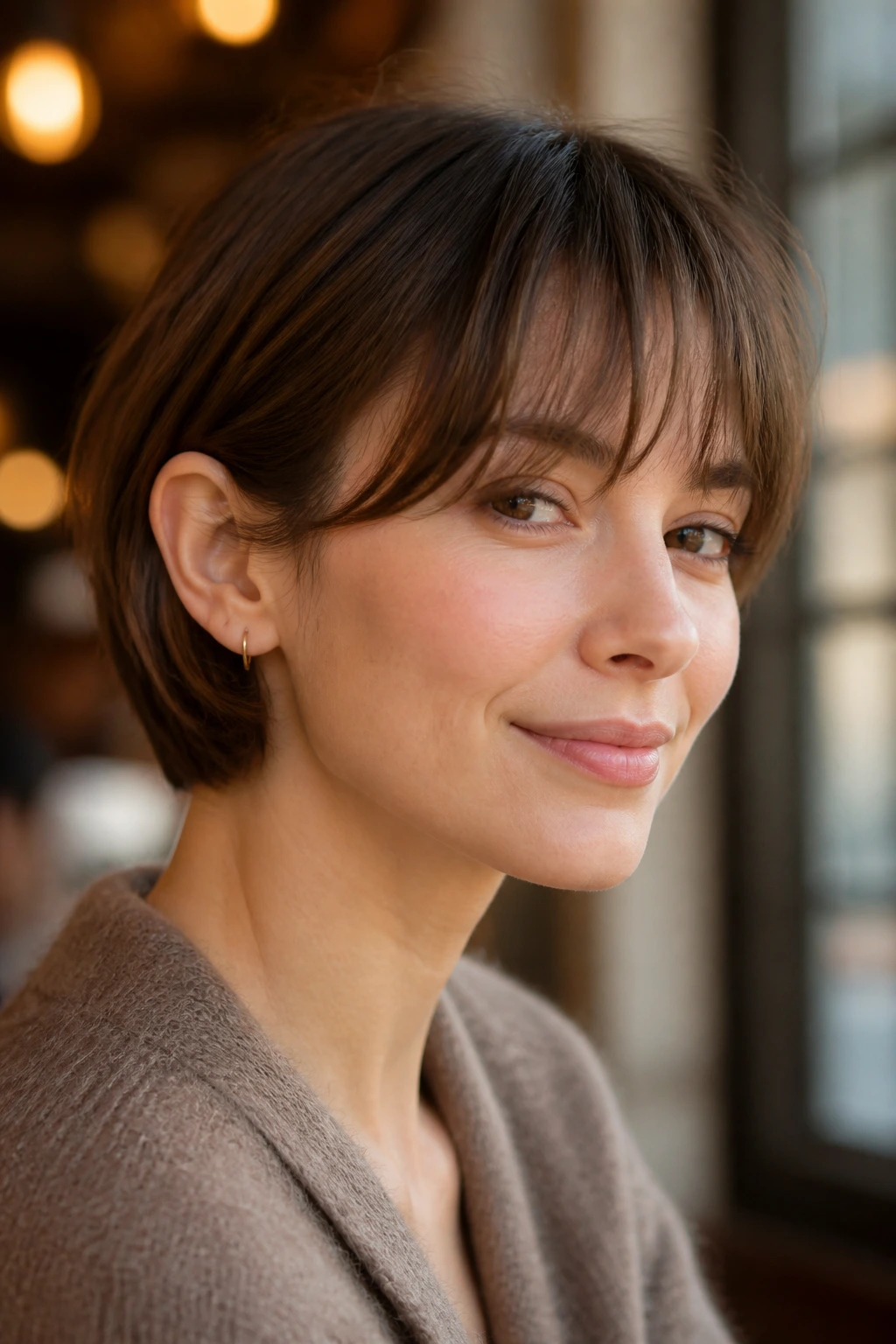 Close-up of jaw-length crop with tucked sides on a real person