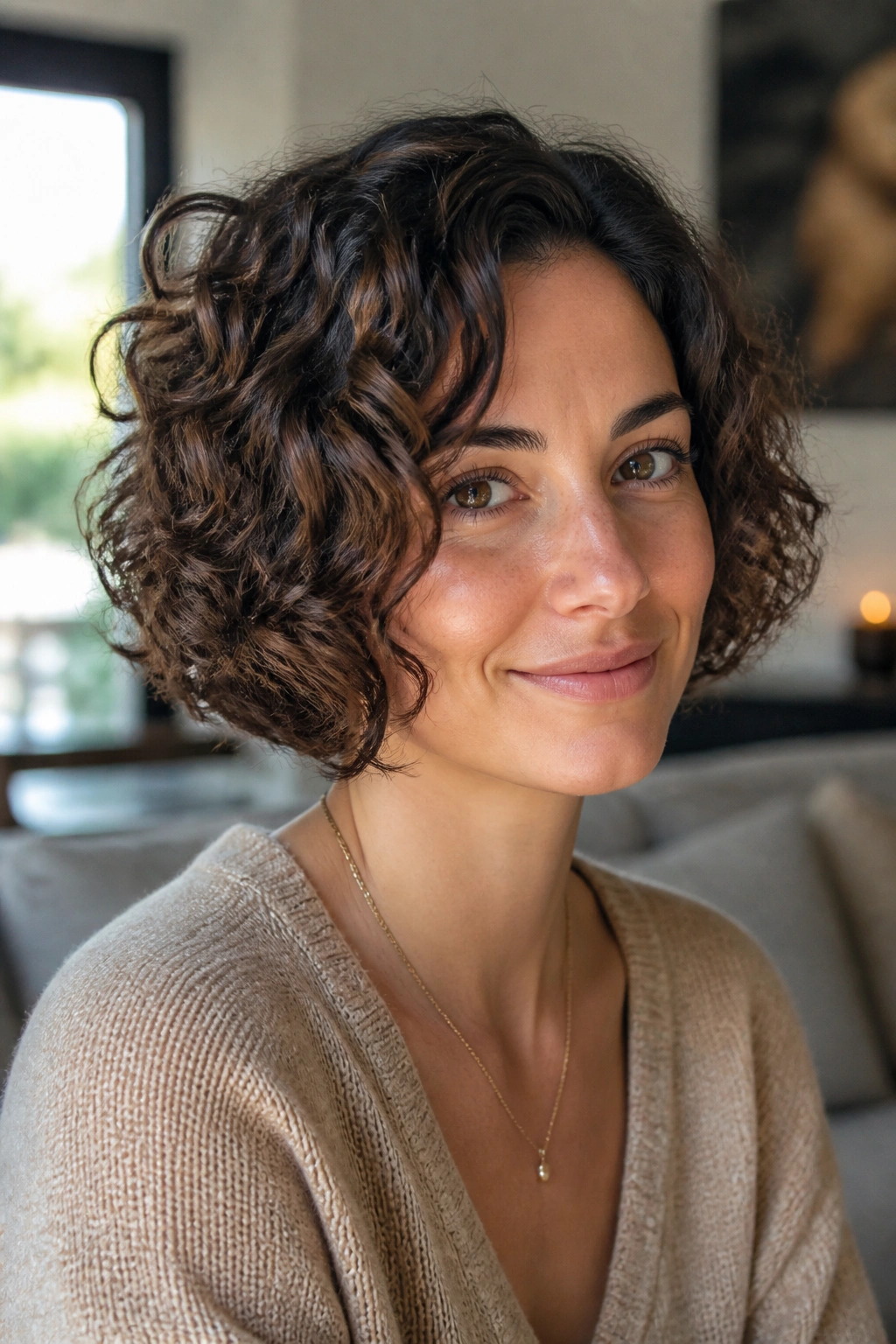 Close-up portrait of a real woman with a jaw-length curly bob hairstyle