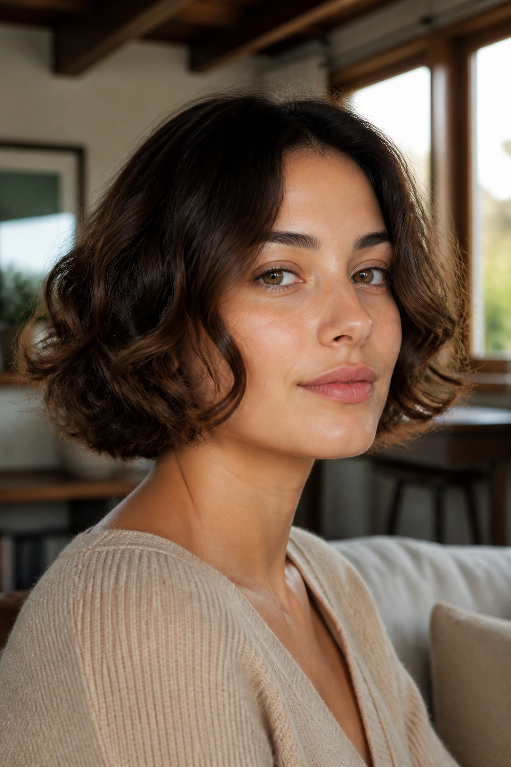 Close-up of a real woman with jaw-length French bob and loose curves