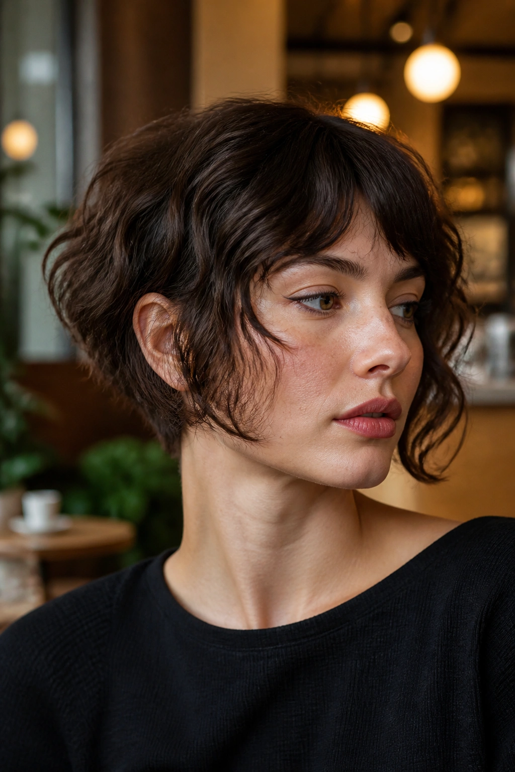 Close-up of a real woman with a jaw-skimming French bob and uneven sides highlighting asymmetry