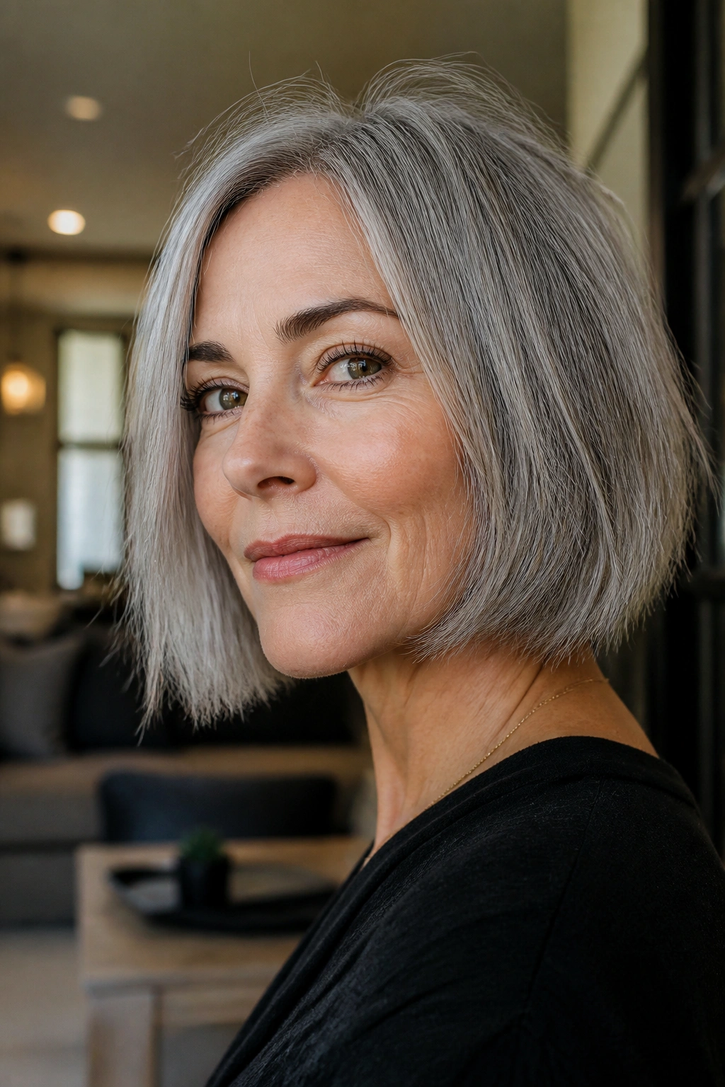 Close-up of a real woman with a jaw-length gray bob and razor ends in warm light.
