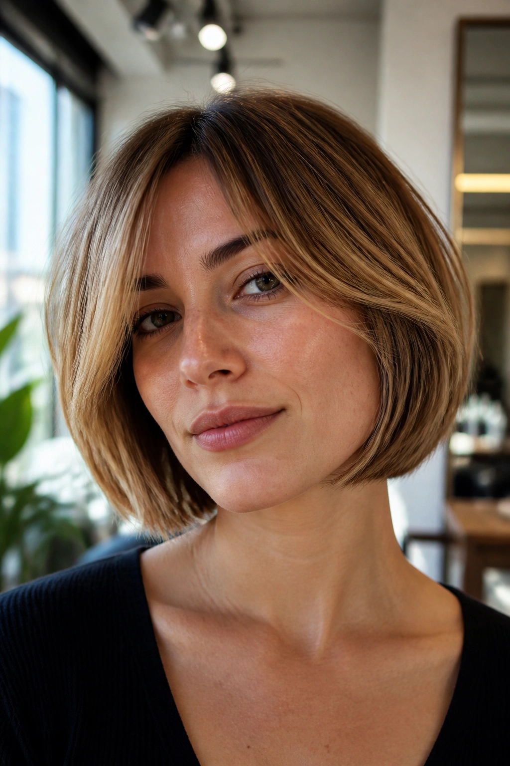 Close-up of a real woman with jaw-length layered bob under natural window light in a modern salon