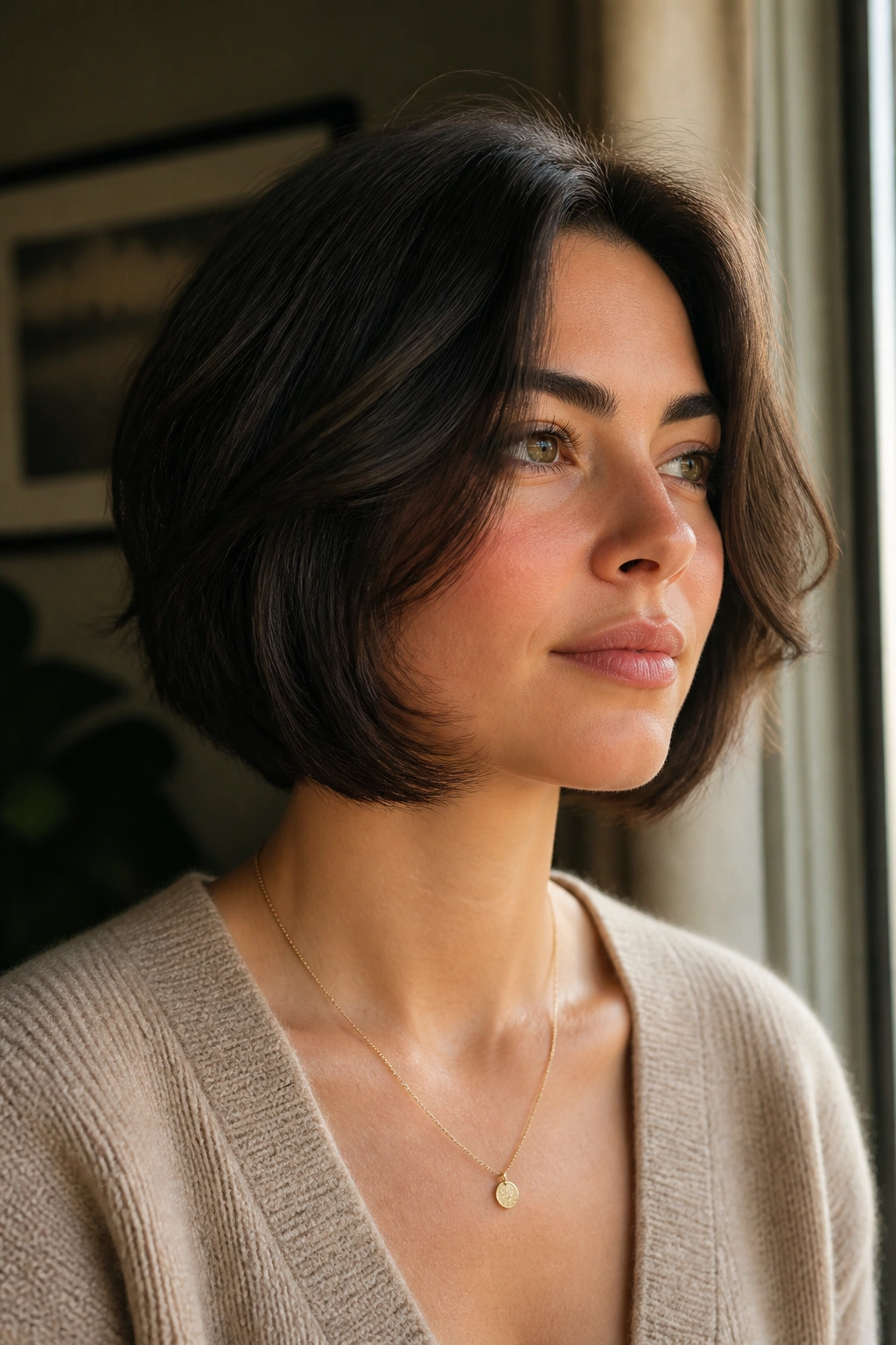 Real woman with a jaw-length layered bob designed for thick hair.