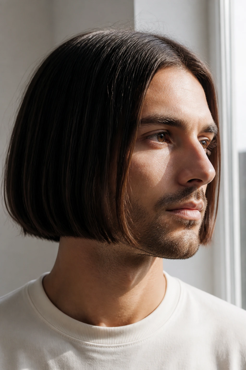 Close-up portrait of a man with a jaw-length minimal bob showing a clean jawline