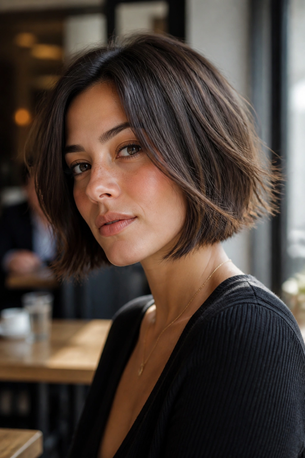 Close-up of a real woman's jaw-length razor bob with feathered ends in cafe light