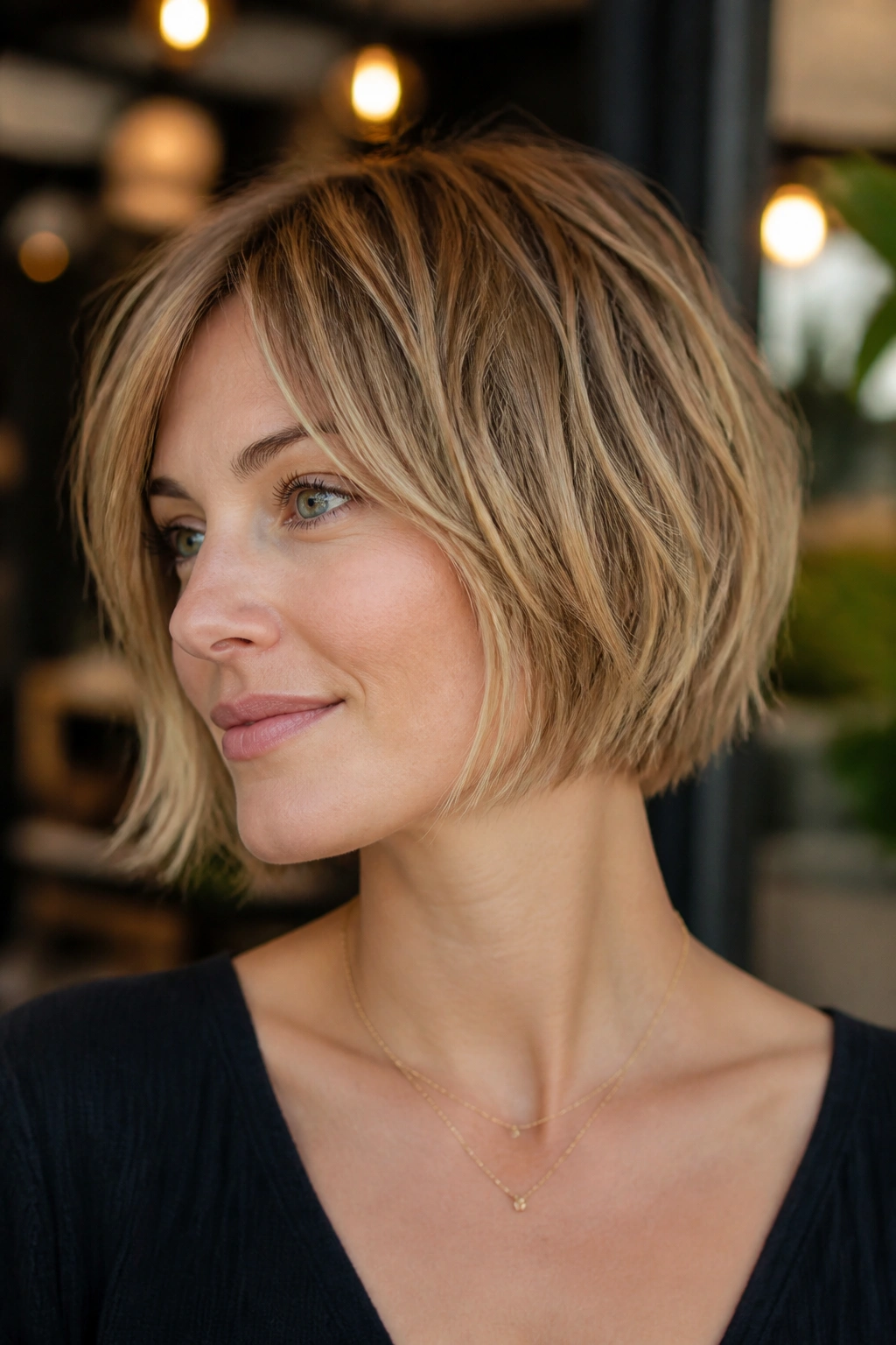 Close-up of a real woman with a jaw-length razor crop.