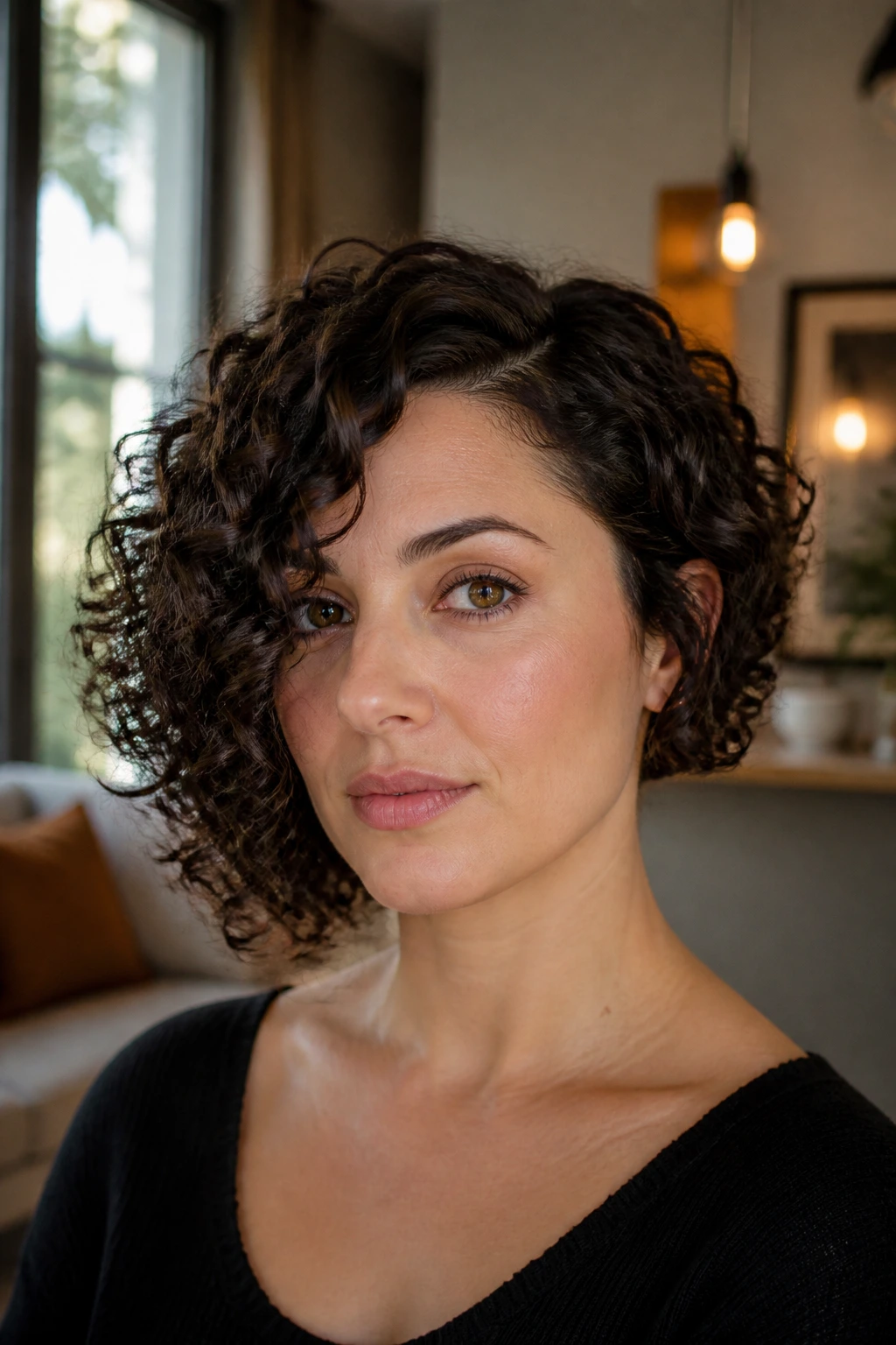 Real woman with jaw-length ringlet bob featuring one heavy side and curls framing the jaw.