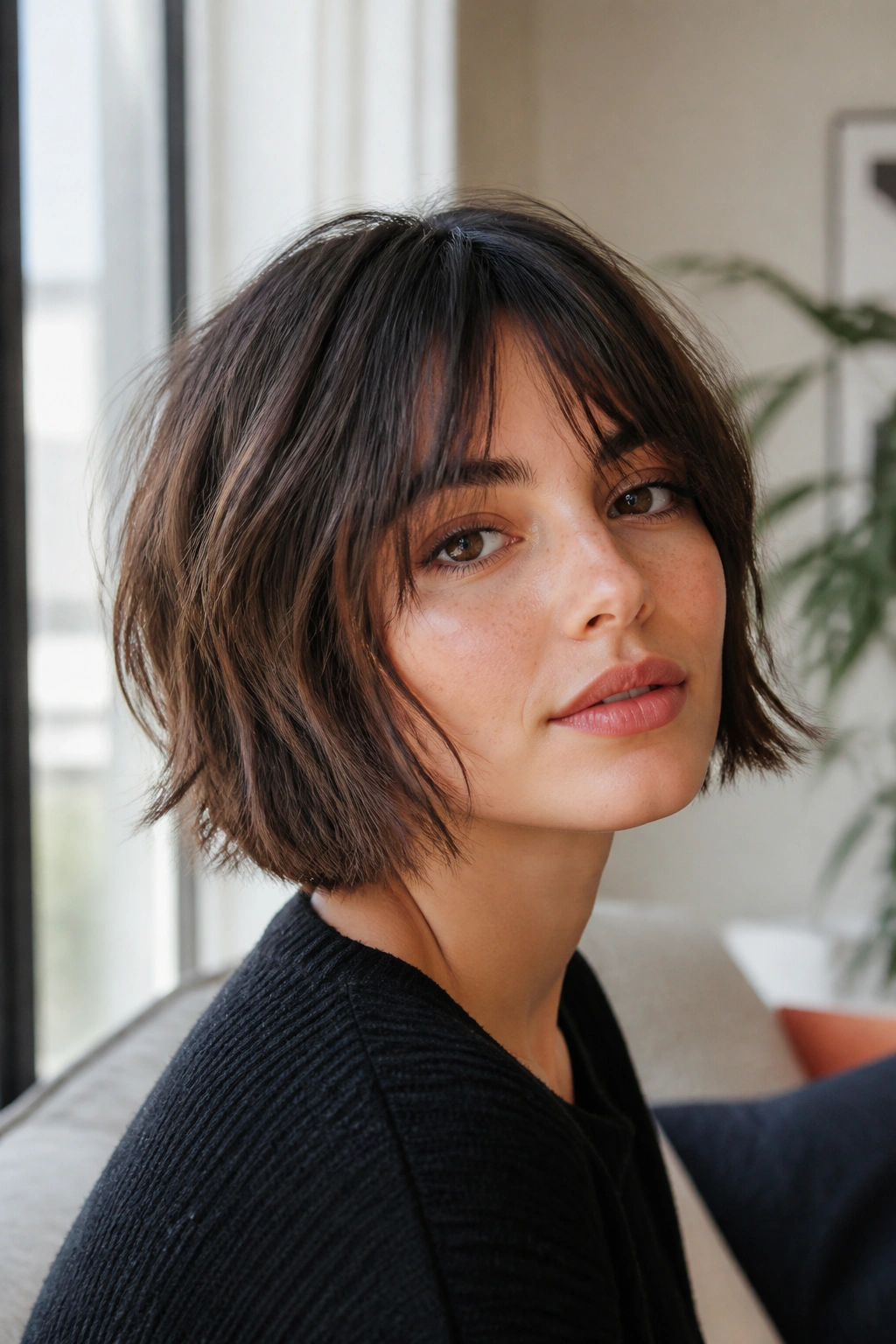 Close-up of a real person wearing jaw-length French-girl shag in natural light