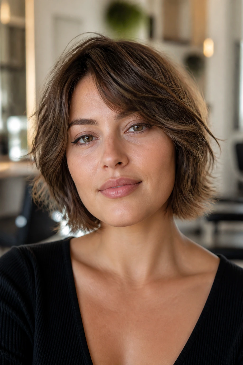 Close-up portrait of a real woman with jaw-length feathered shag in a sunlit salon