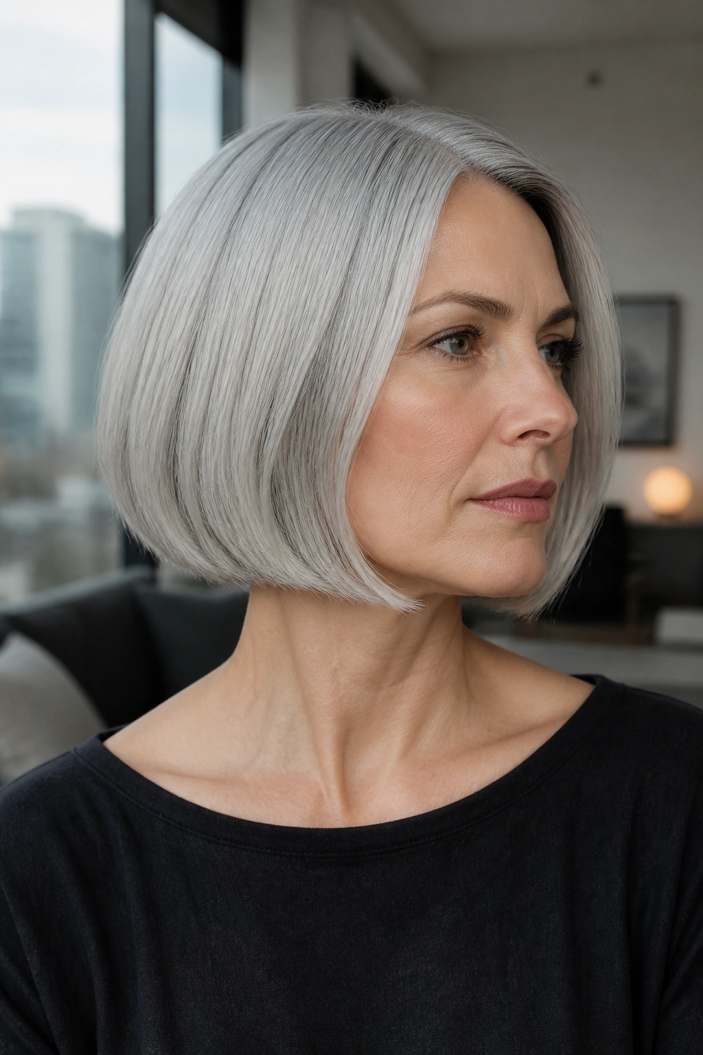Close-up of a real woman with silver jaw-length sleek bob