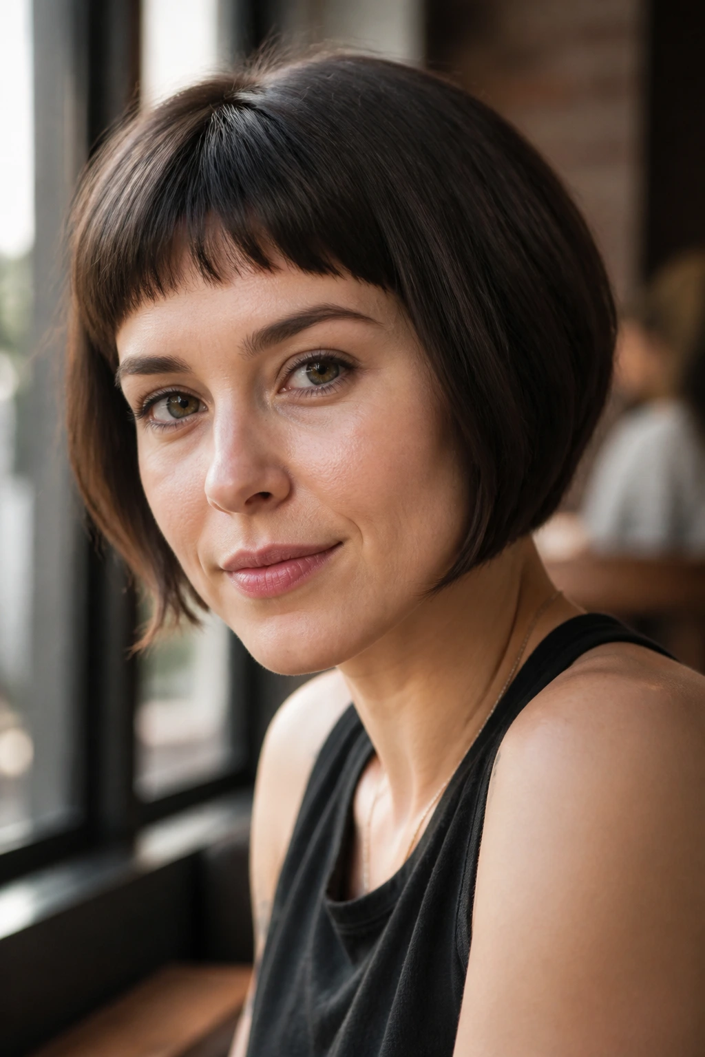 Close-up portrait of a real woman with jaw-length stack and micro fringe