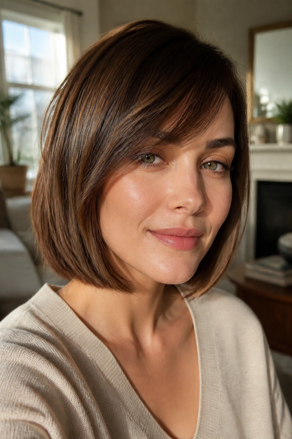 Close-up of a real person with jaw-length face-framing sweep