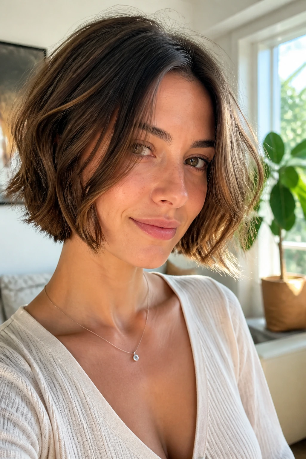 Real woman with jaw-length textured bob showing movement