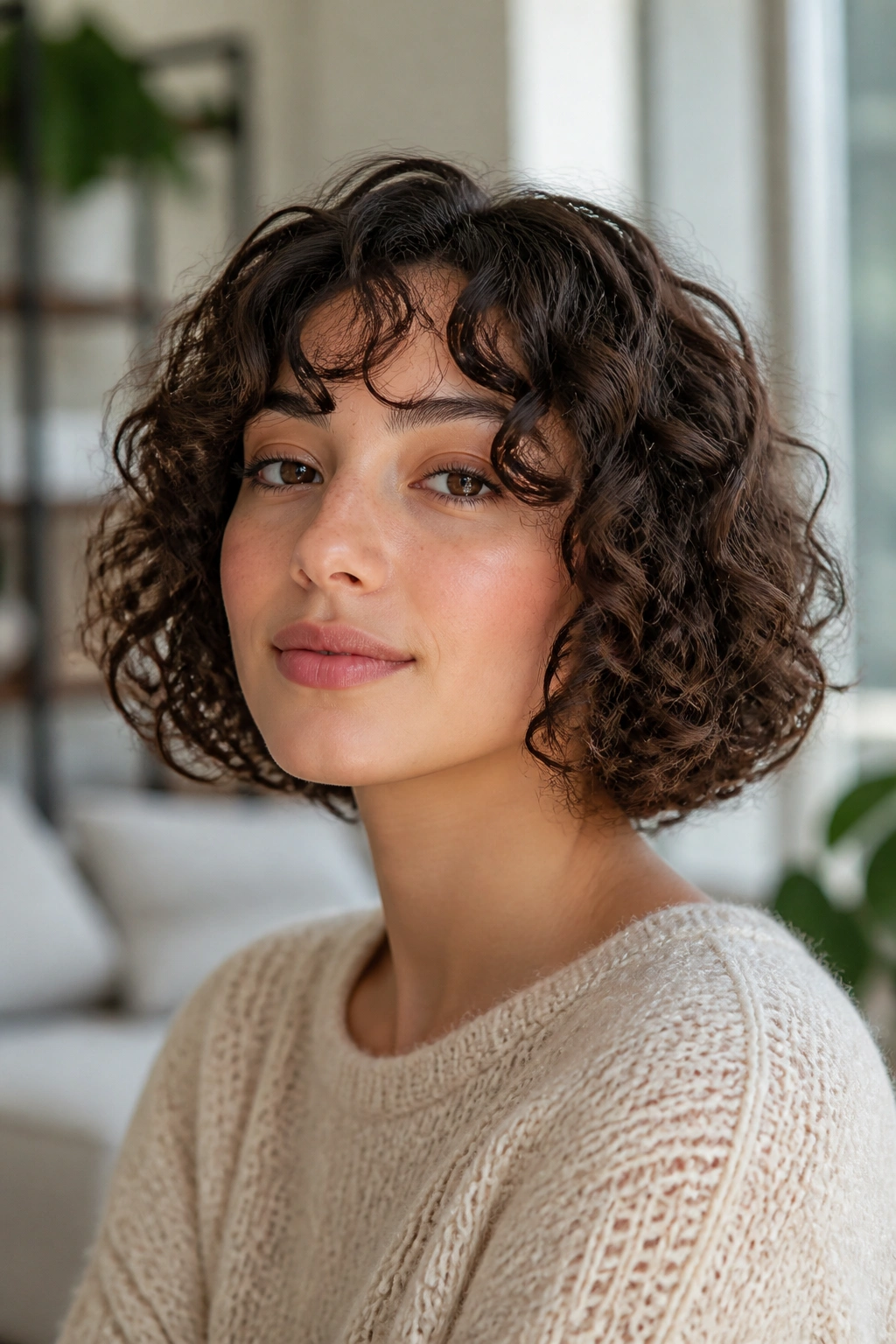 Real woman with bouncy ringlets along the jaw.