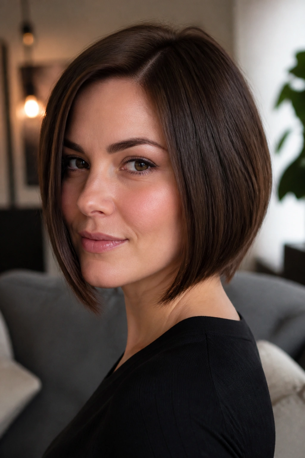 Close-up portrait of a real woman with a jaw-skimming A-line bob in cocoa brown.