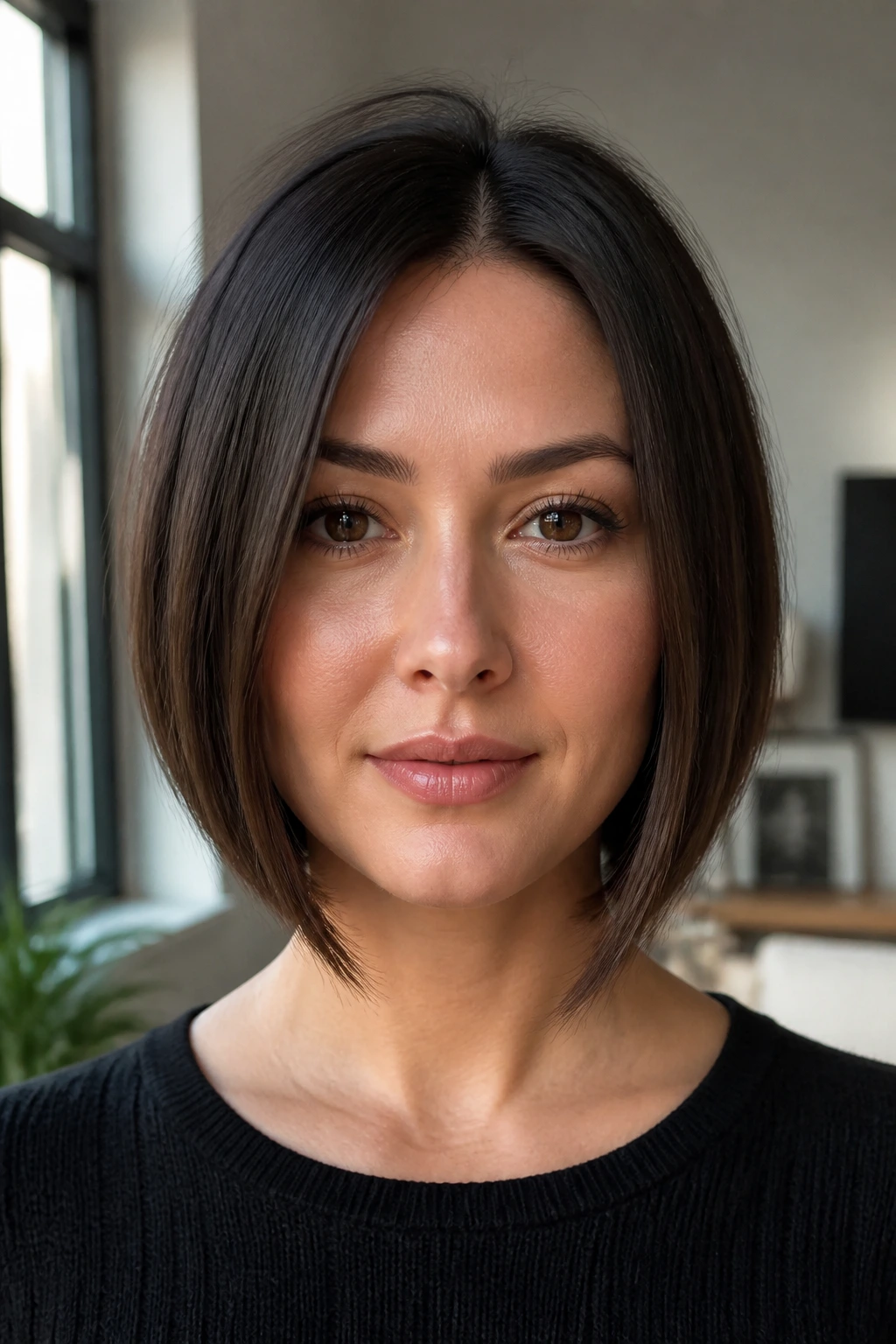 Close-up of a real woman with a jaw-skimming A-line bob indoors
