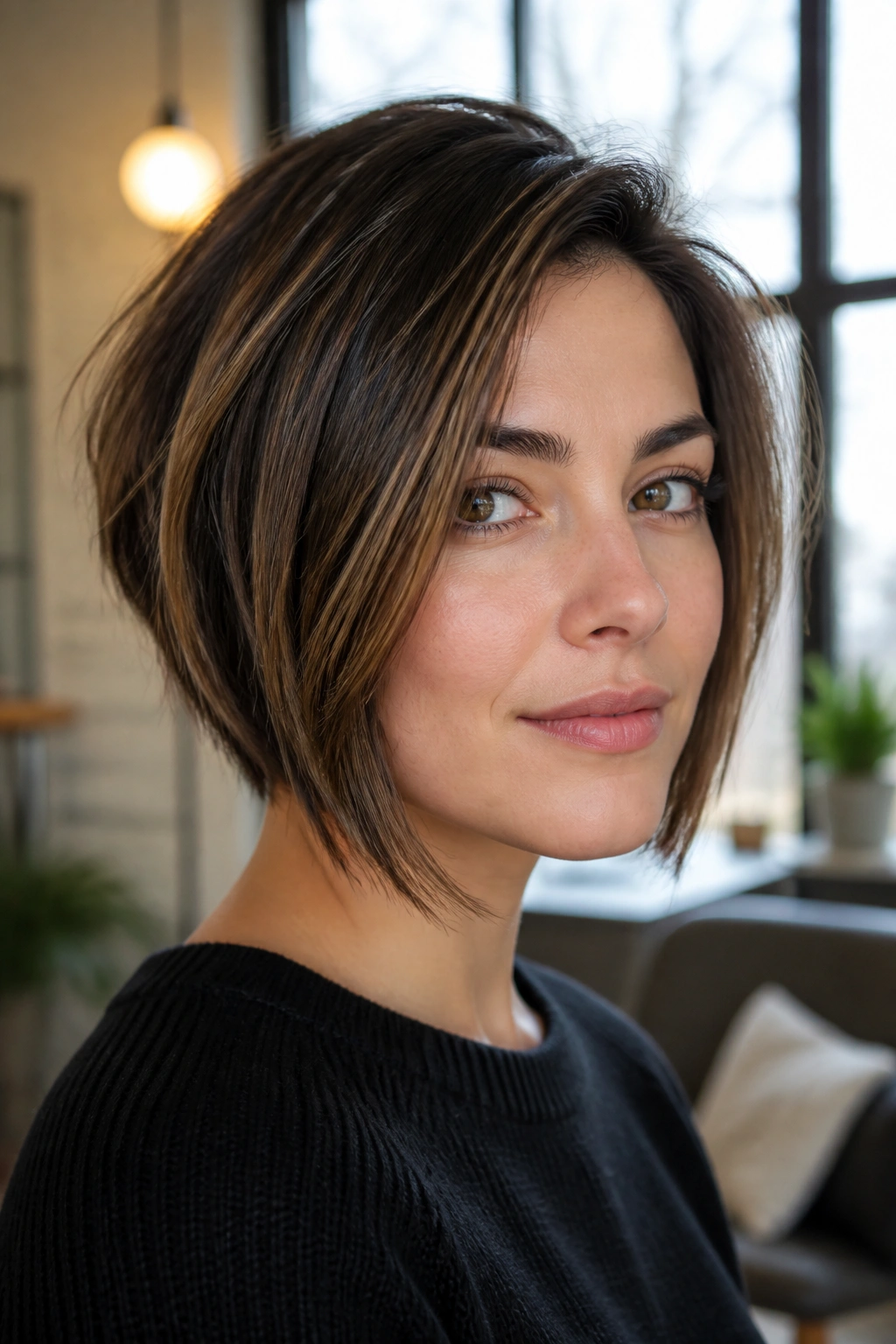 Close-up of a real woman with jaw-skimming A-line bob in bright window light
