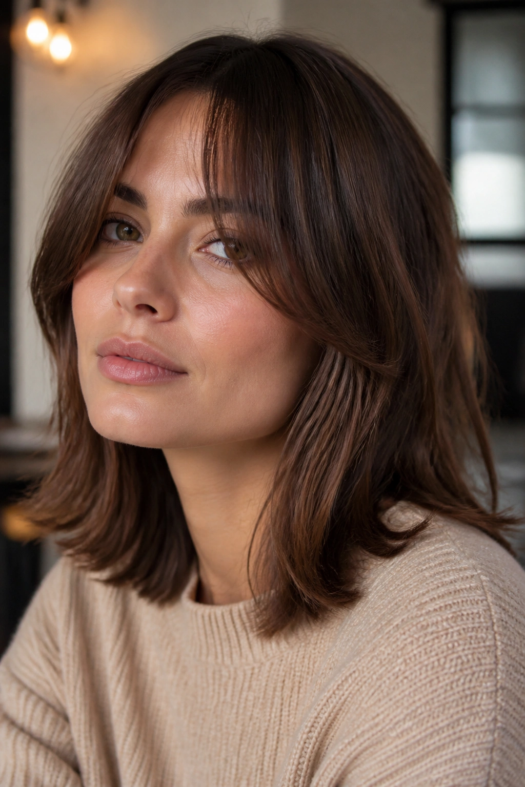 Close-up of a real woman with jaw-skimming bangs grazing the jawline in soft interior light