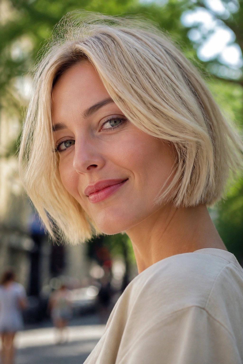 Real woman with jaw-skimming bob and airy texture in a sunlit outdoor setting.