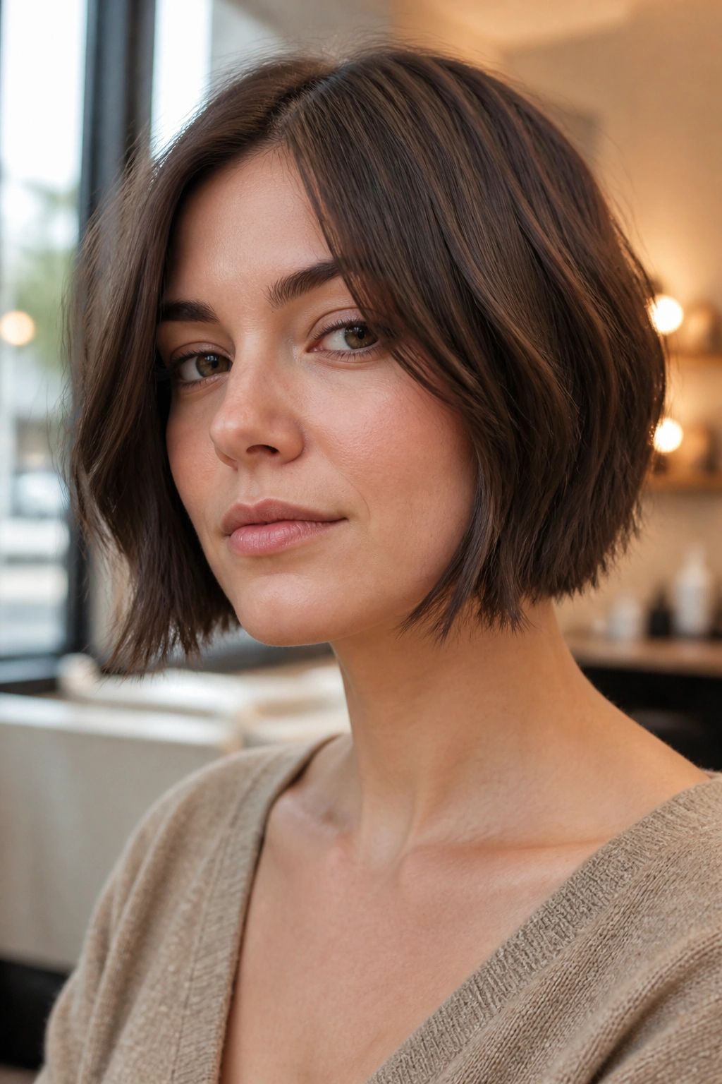 Close-up portrait of a real woman with a jaw-skimming choppy bob in matte brown.