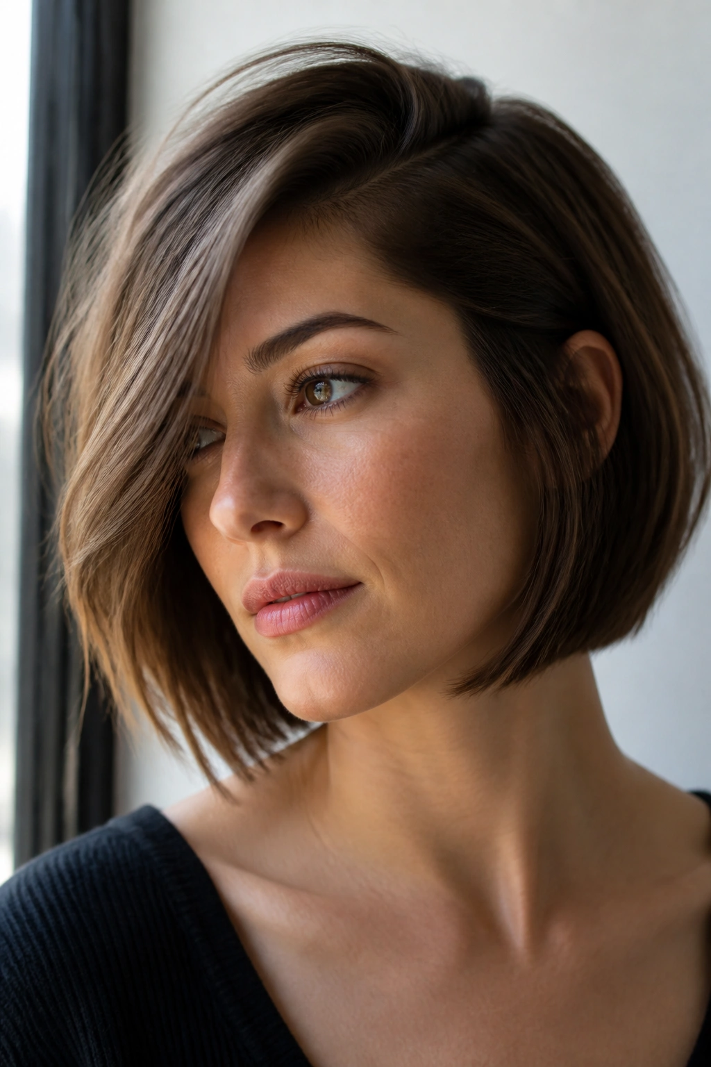 Real woman with jaw-skimming bob and deep side part in natural light