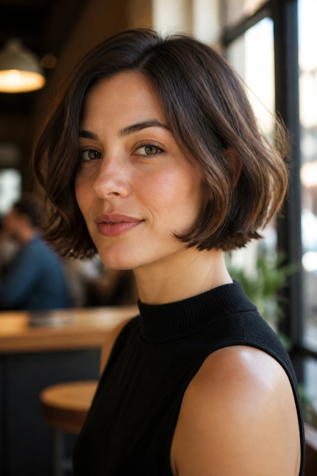 Close-up of a real woman with a jaw-skimming bob and outward flip ends in warm cafe light.