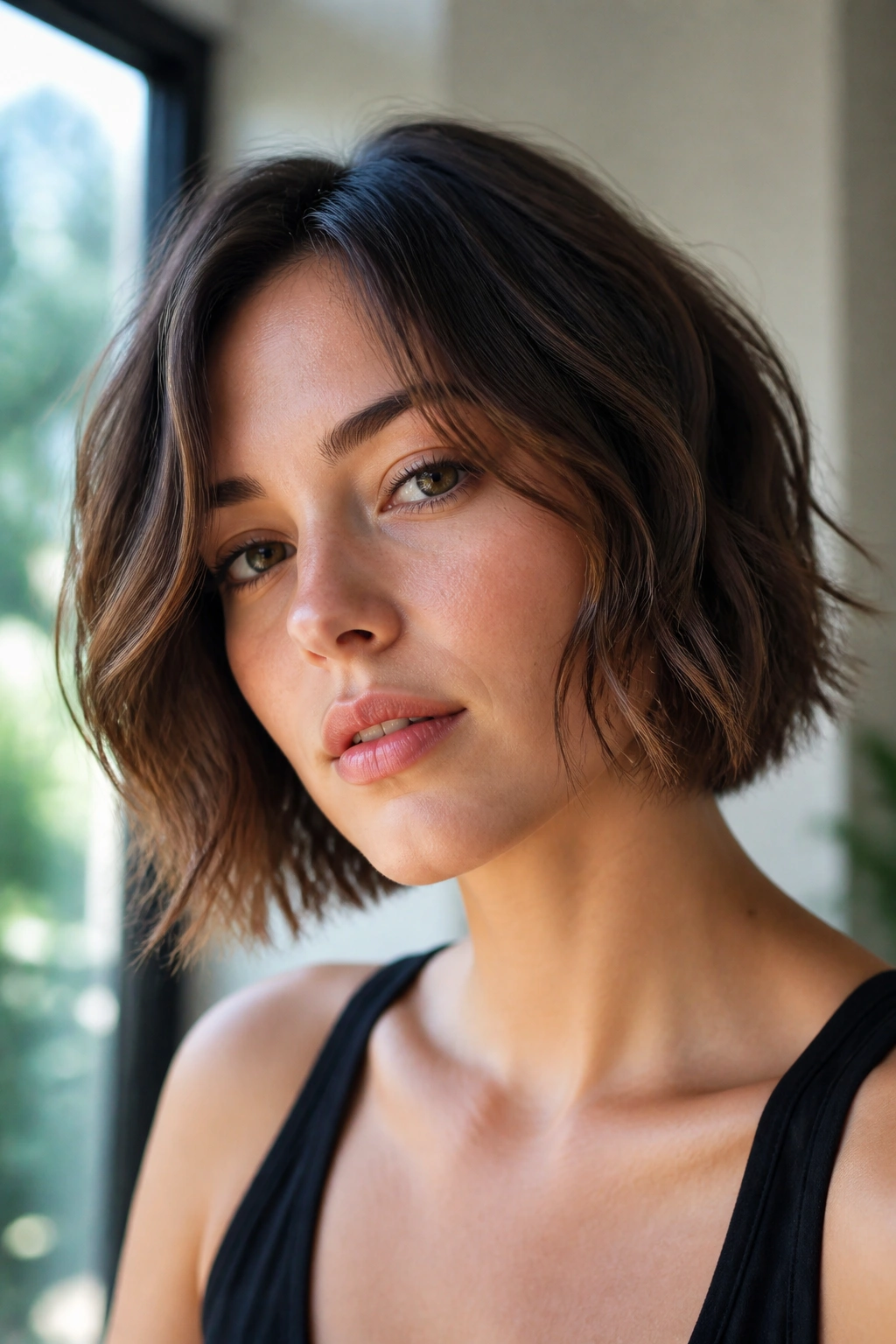 Close-up of a real woman with a jaw-skimming bob and piecey ends