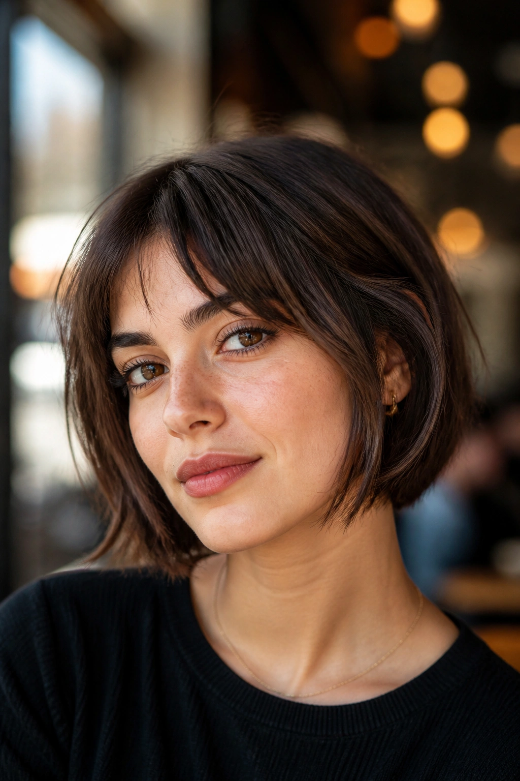 Close up of a real woman wearing a jaw skimming choppy French bob for a round face