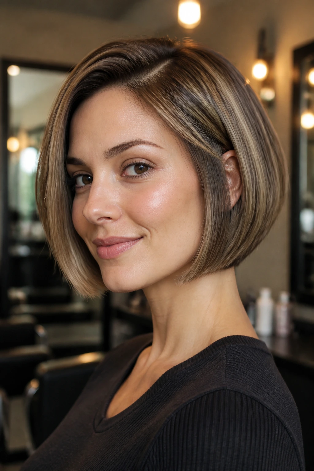 Close-up portrait of a woman with a jaw-skimming bob and side part showing root lift.