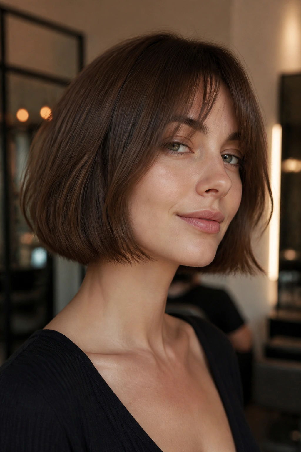 Close-up portrait of a real woman wearing a jaw-skimming French bob with soft ends on straight hair