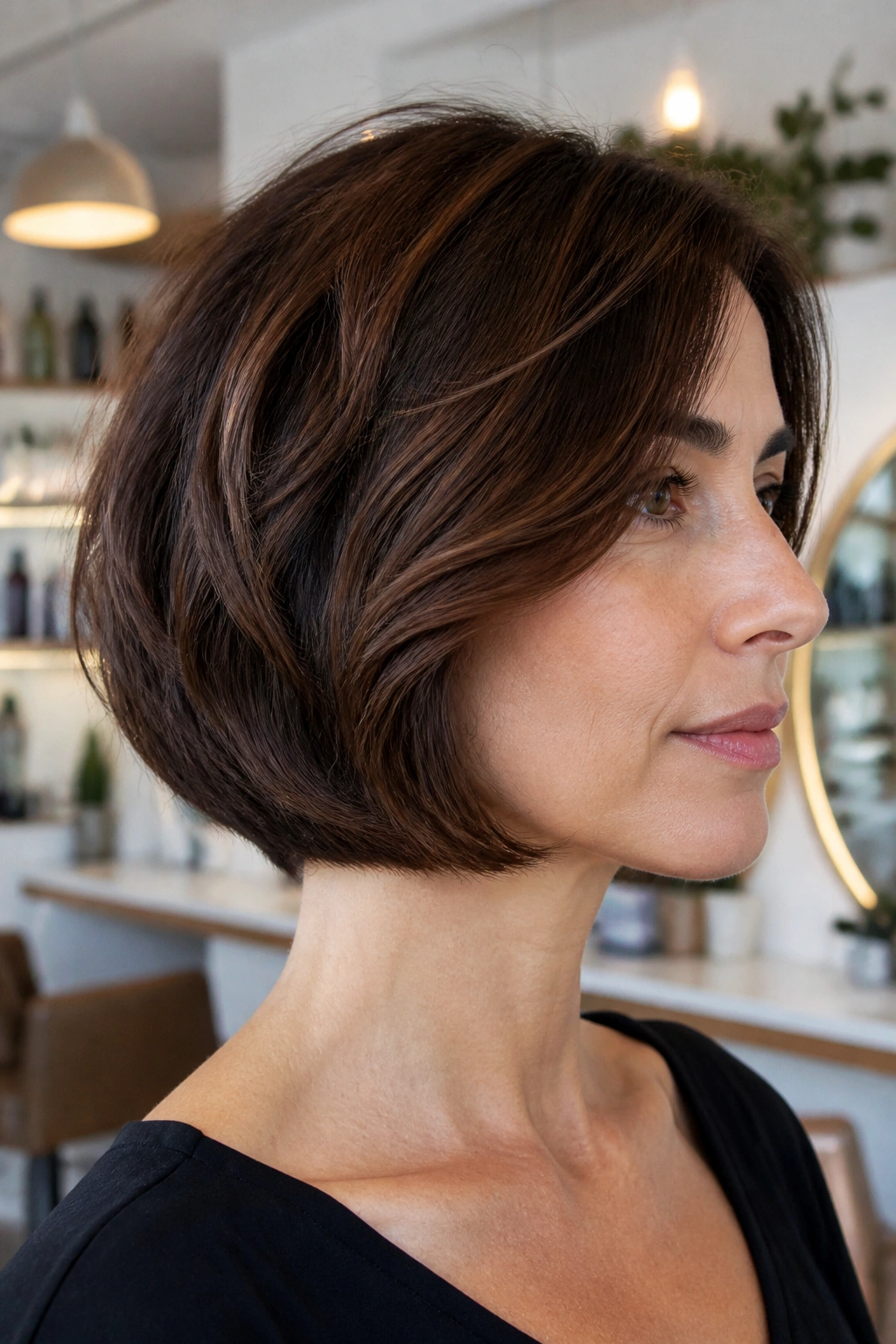 Close-up of a real woman with jaw-skimming bob and tucked-under ends.