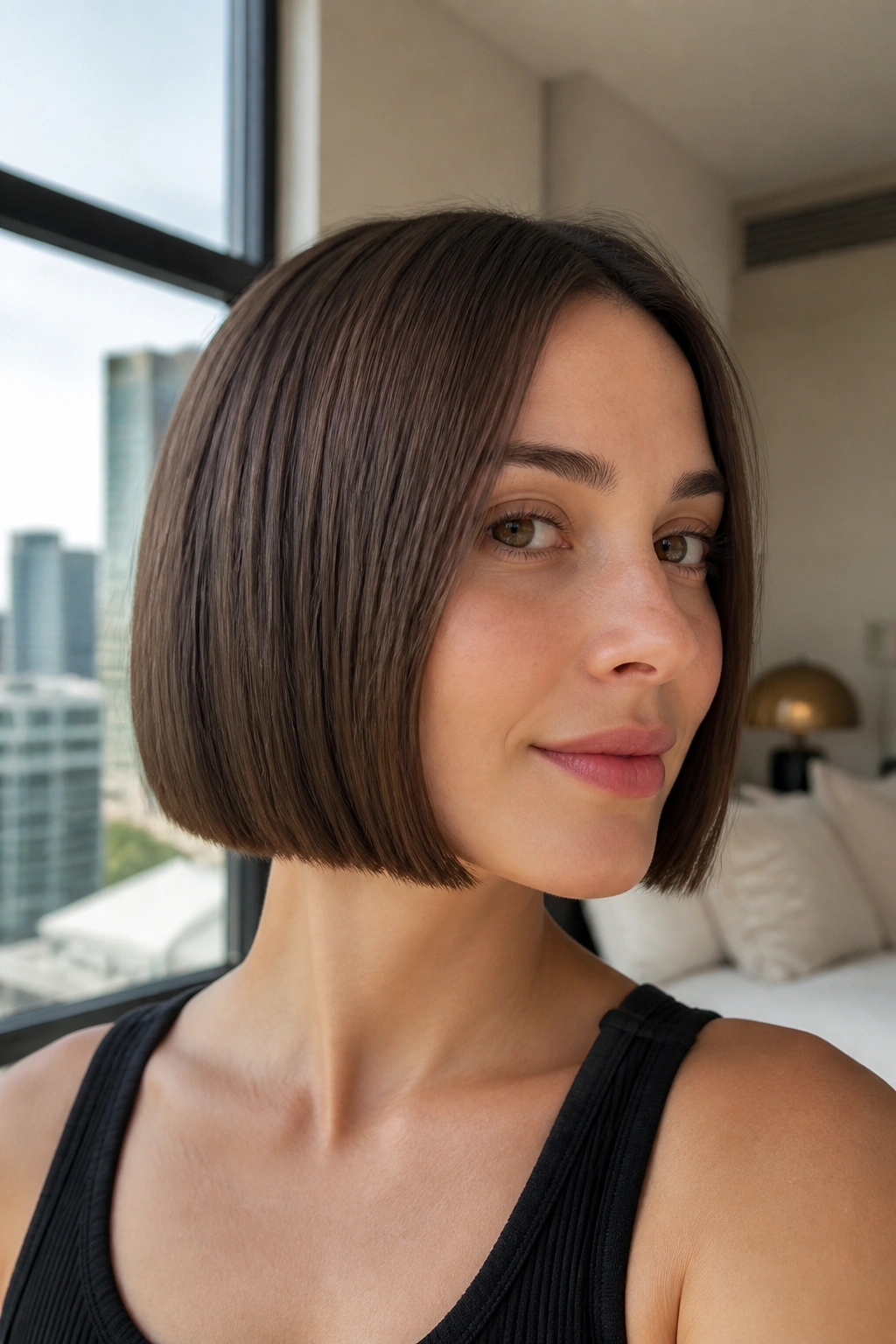 Portrait of a woman with a crisp jaw-skimming box bob in a bright apartment