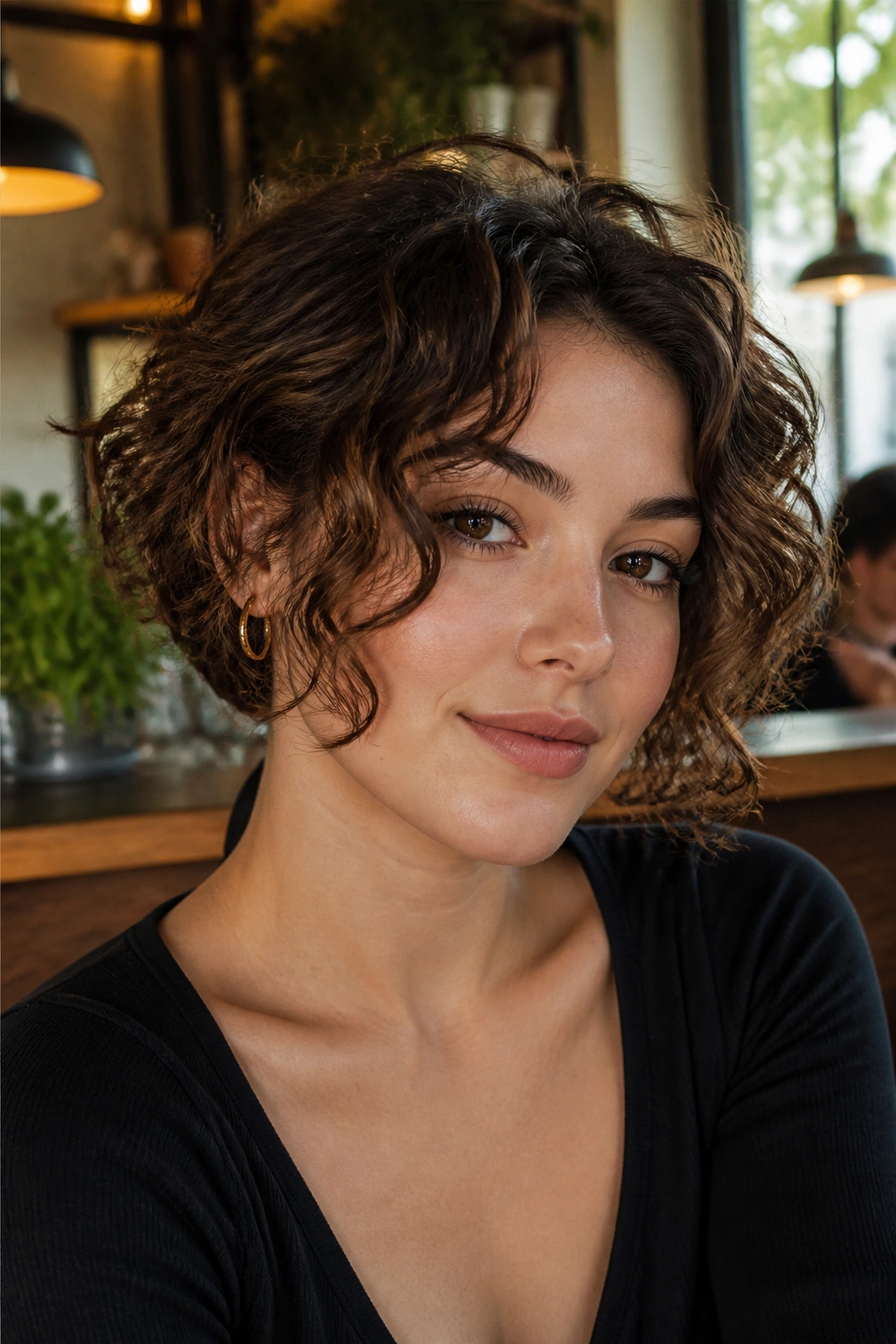 Close-up of a real woman with jaw-skimming curly crop and cheek-framing pieces