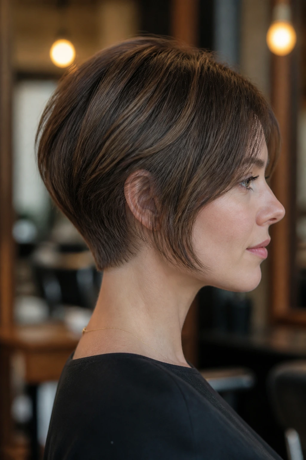 Side-profile of a real person with a jaw-skimming crop and tapered nape